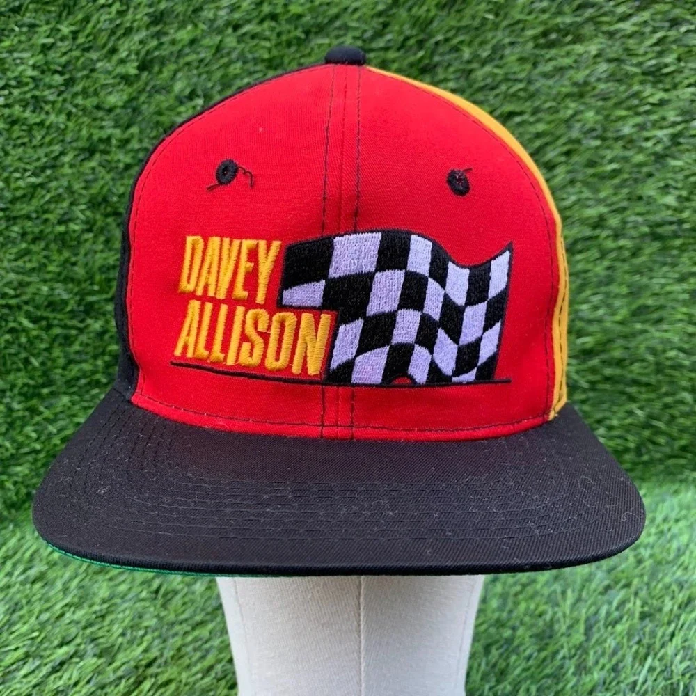Davey Allison NASCAR Hat Snapback Cap Vintage 90s Racing Checkered Flag 28